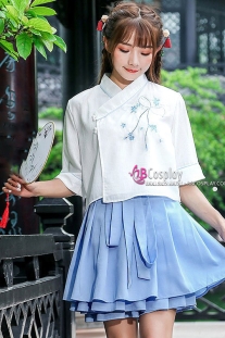 Hán Phục Cách Tân Tiểu Ái Áo Trắng Váy Xanh