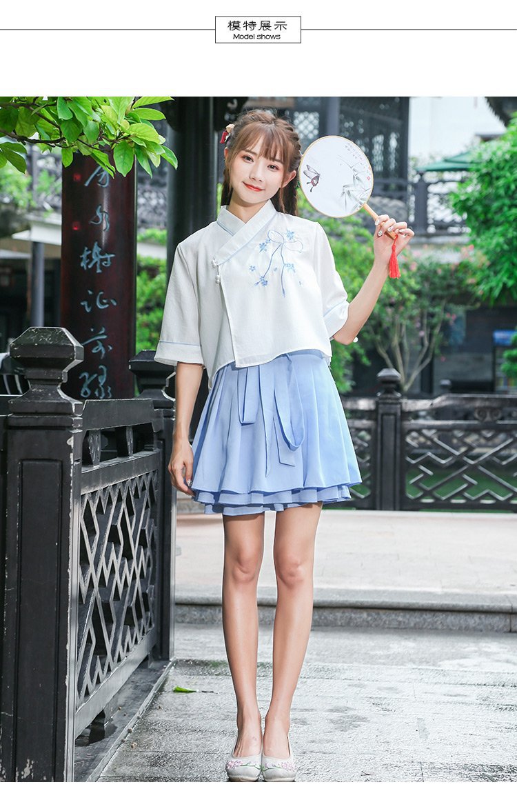 Hán Phục Cách Tân Tiểu Ái Áo Trắng Váy Xanh