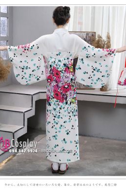 Kimono Yukata Nhật Bản Trắng Hoa Hiện Đại