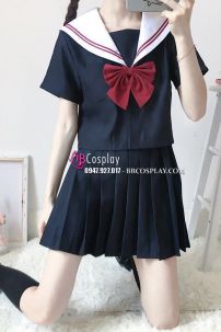 Nữ Sinh Xanh Đen Cổ Trắng 3 Sọc Đỏ - Tay Ngắn
