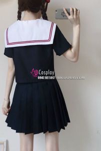 Nữ Sinh Xanh Đen Cổ Trắng 3 Sọc Đỏ - Tay Ngắn