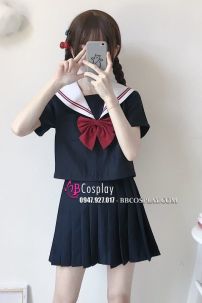 Nữ Sinh Xanh Đen Cổ Trắng 3 Sọc Đỏ - Tay Ngắn
