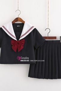 Nữ Sinh Xanh Đen Cổ Trắng 3 Sọc Đỏ - Tay Ngắn