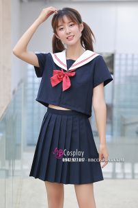 Nữ Sinh Xanh Đen Cổ Trắng 3 Sọc Đỏ - Tay Ngắn