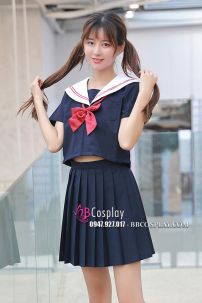 Nữ Sinh Xanh Đen Cổ Trắng 3 Sọc Đỏ - Tay Ngắn