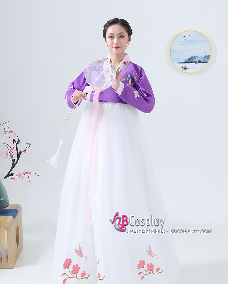 Hanbok Hàn Quốc Áo Tím Váy Trắng