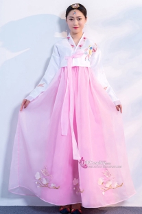 Hanbok Hàn Quốc Áo Trắng Váy Hồng Phấn