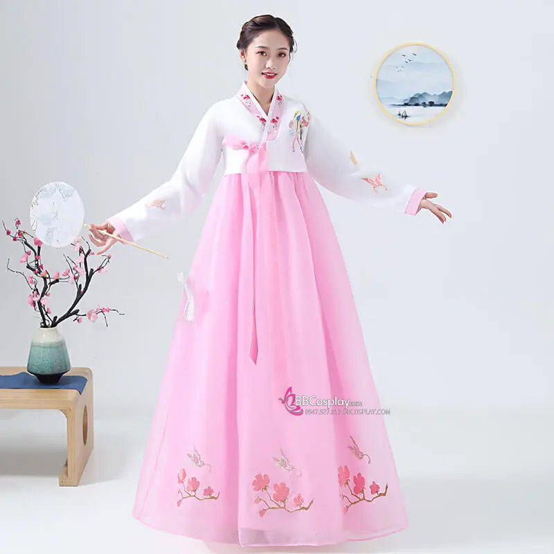 Hanbok Hàn Quốc Áo Trắng Váy Hồng Phấn