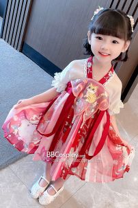 Trang Phục Công Chúa Cho Bé Hán Phục Thêu Mèo Con - Màu Đỏ