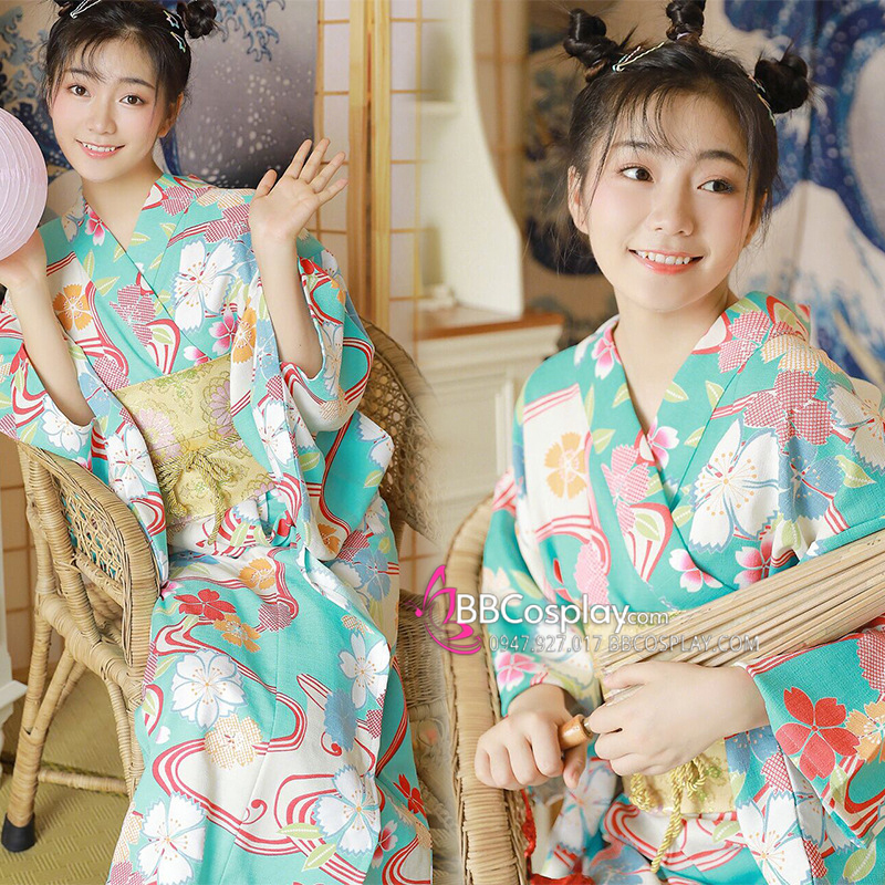 Áo Yukata Kimono Xanh Hoa Anh Đào Tặng Kèm Thắt Lưng
