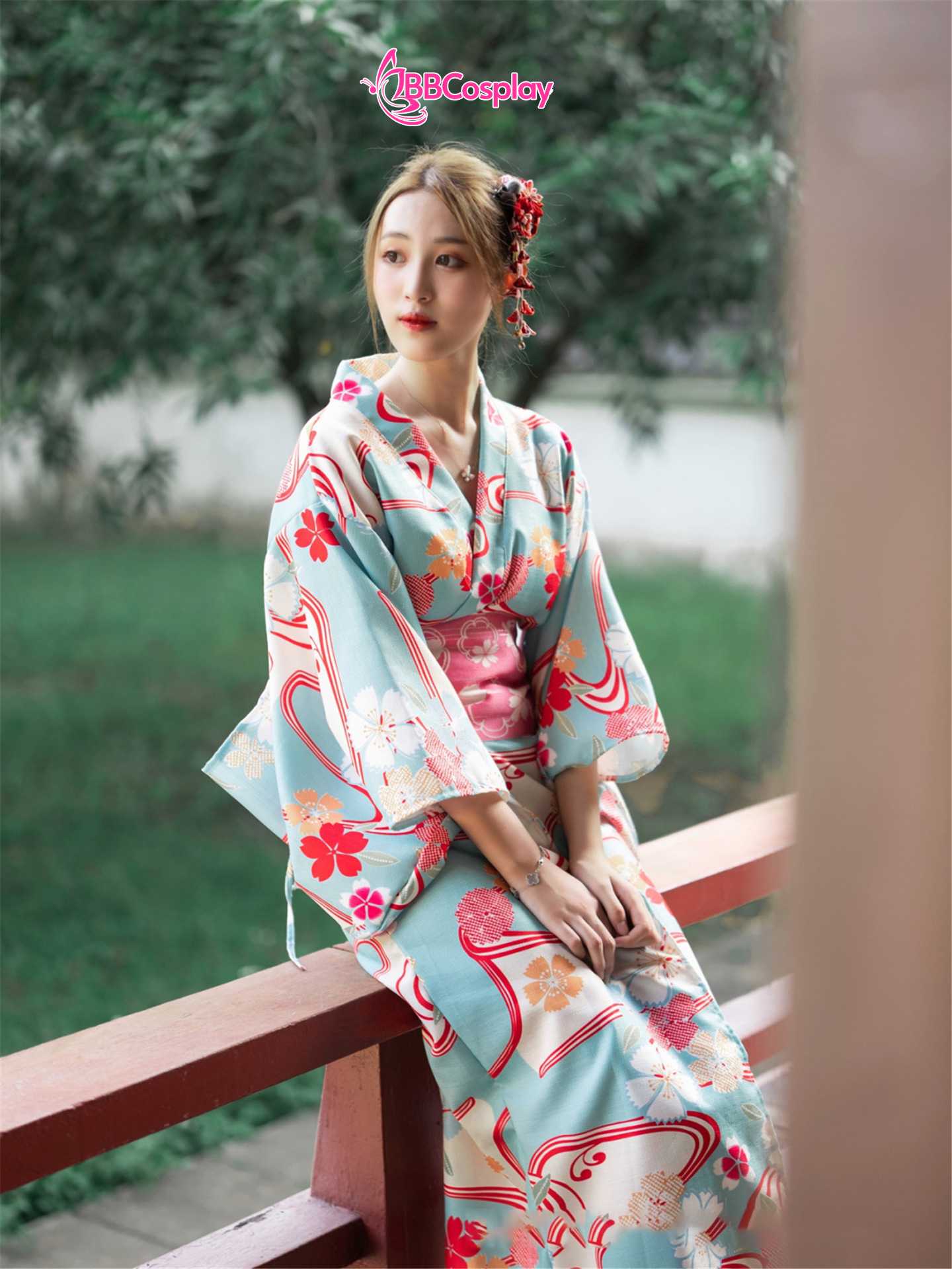 Áo Yukata Xanh Hoa Anh Đào