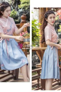 Hán Phục Cách Tân Áo Hồng Váy Ngắn Thêu Hoa