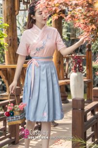 Hán Phục Cách Tân Áo Hồng Váy Ngắn Thêu Hoa