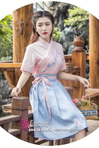 Hán Phục Cách Tân Áo Hồng Váy Ngắn Thêu Hoa