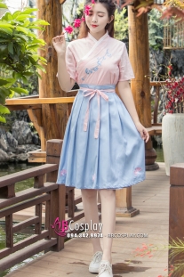 Hán Phục Cách Tân Áo Hồng Váy Ngắn Thêu Hoa