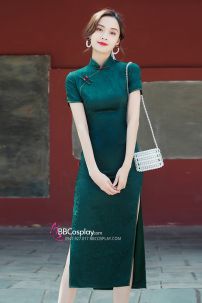 Sườn Xám Xanh Rêu Dài Cổ Điển