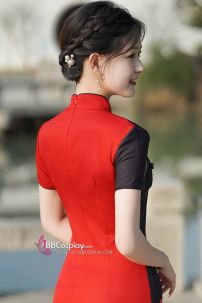 Sườn Xám Đỏ Phối Đen Trend Hình Hình Hý Kịch