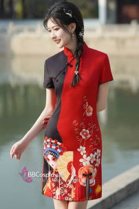 Sườn Xám Đỏ Phối Đen Trend Hình Hình Hý Kịch