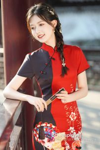 Sườn Xám Đỏ Phối Đen Trend Hình Hình Hý Kịch