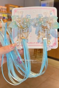 Cặp Kẹp Tóc Hoa Xanh Kèm Tua Rua Dài