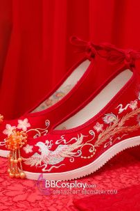 Giày Thêu Phượng Hoàng Đỏ Đế Cao 7Cm