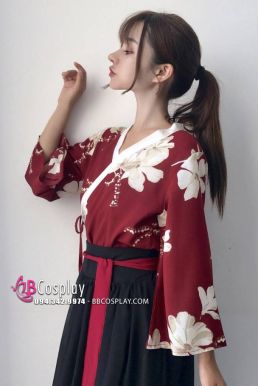 Hán Phục Cách Tân Hoa Trà Áo Đỏ Váy Đen