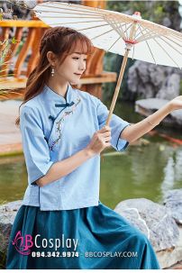 Thuê Hán Phục Cách Tân Trung Hoa Áo Xanh Váy Xanh Rêu