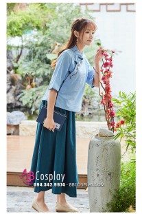Hán Phục Cách Tân Trung Hoa Áo Xanh Váy Xanh Rêu