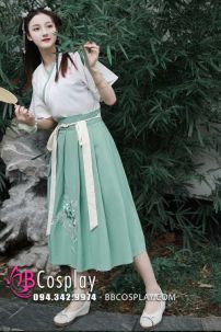 Hán Phục Cách Tân Áo Trắng Viền Xanh Váy Xanh