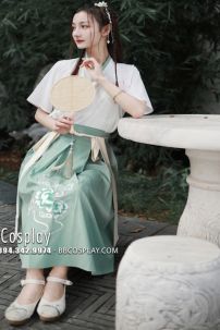 Hán Phục Cách Tân Áo Trắng Viền Xanh Váy Xanh