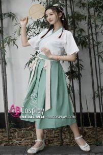 Hán Phục Cách Tân Áo Trắng Viền Xanh Váy Xanh