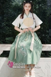 Hán Phục Cách Tân Áo Trắng Viền Xanh Váy Xanh