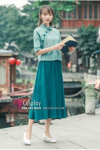 Hán Phục Chụp Ảnh Dễ Thương Áo Xanh Váy Xanh
