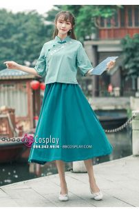 Hán Phục Chụp Ảnh Dễ Thương Áo Xanh Váy Xanh