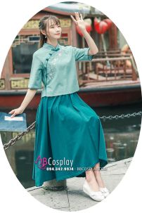 Hán Phục Chụp Ảnh Dễ Thương Áo Xanh Váy Xanh