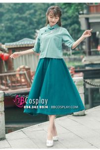 Hán Phục Chụp Ảnh Dễ Thương Áo Xanh Váy Xanh