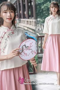 Nữ Sinh Trung Hoa Áo Kem Váy Hồng Vải Đũi