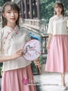 Nữ Sinh Trung Hoa Áo Kem Váy Hồng Vải Đũi