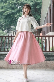 Nữ Sinh Trung Hoa Áo Kem Váy Hồng Vải Đũi