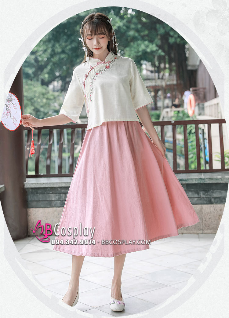 Nữ Sinh Trung Hoa Áo Kem Váy Hồng Vải Đũi