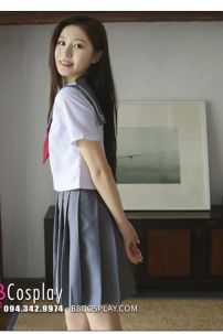 Đồng Phục Nữ Sinh Nhật Bản Trắng Phối Xám