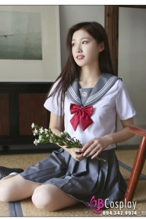 Đồng Phục Nữ Sinh Nhật Bản Trắng Phối Xám