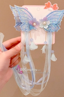 Cặp Kẹp Tóc Bướm Xanh Kèm Tua Rua Dài