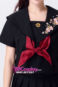 Nữ Sinh Đen Tay Ngắn Thêu Hoa Đào