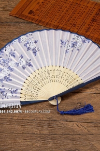 Quạt Vải Trắng Nhật Bản Hoa Xanh Uchiwa