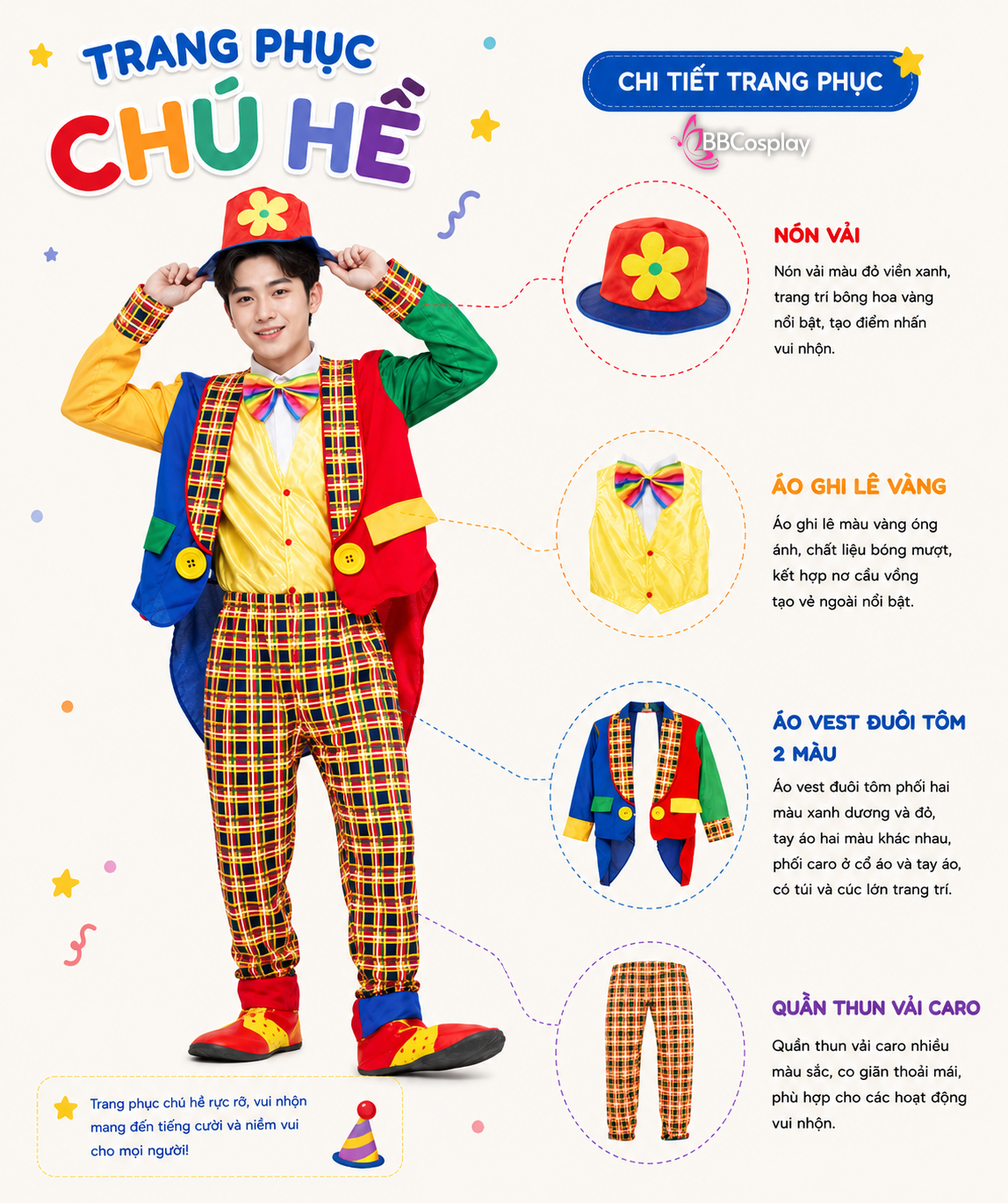 Trang Phục Chú Hề Vest Caro Đuôi Tôm Hoạ Tiết Quần Caro