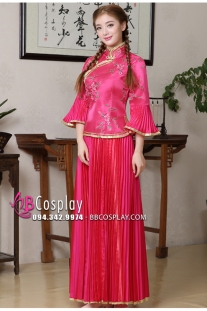 Trang Phục Sườn Xám Cách Điệu Hồng Son