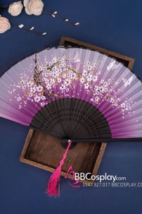 Uchiwa Quạt Vải Nhật Bản Hoa Đào Nền Tím Cán Gỗ Đen