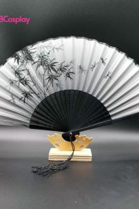 Uchiwa Quạt Vải Nhật Bản Đen Nền Trắng Cây Trúc Và Chuồn Chuồn