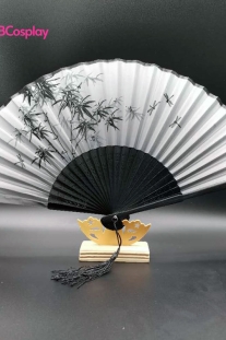 Uchiwa Quạt Vải Nhật Bản Đen Nền Trắng Cây Trúc Và Chuồn Chuồn